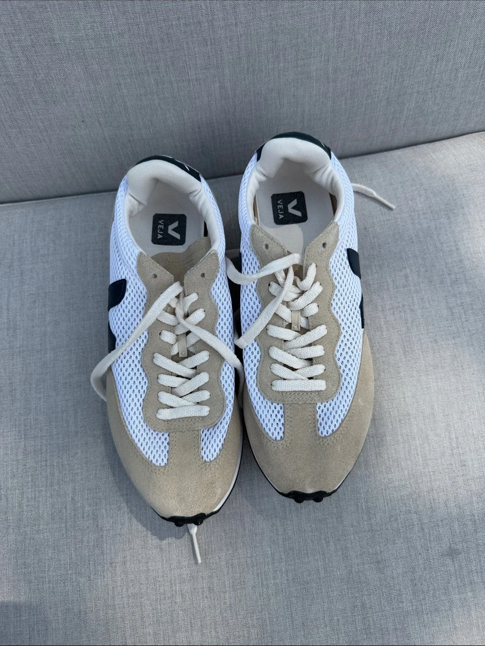 Casual Women's Mesh & Suede Lace-Up Sneakers in Beige and White